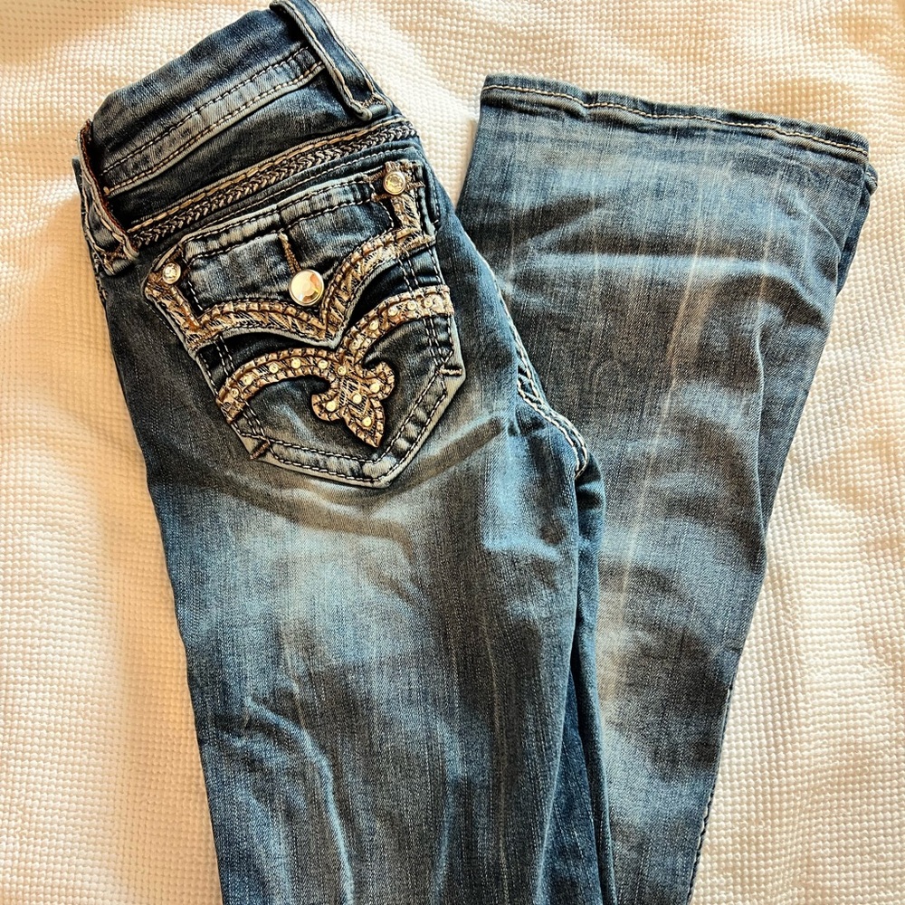 Rock Revival Women’s Mid Wash Bootcut Jeans with Embellished Pockets